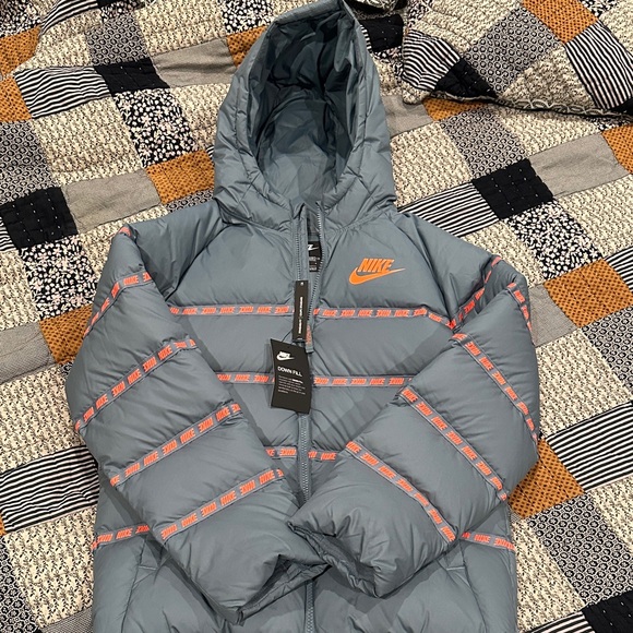 Nike Bous Gray Down Jacket with Orange Highlights